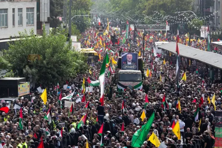 Mourners march in Tehran's city centre to honour assassinated Palestinian leader Ismail Haniyeh, August 1, 2024