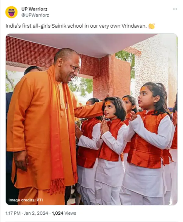 Uttar Pradesh Chief Minister Yogi Adityanath interacts with young girls during the inauguration of all-girls Sainik School in Vrindavan