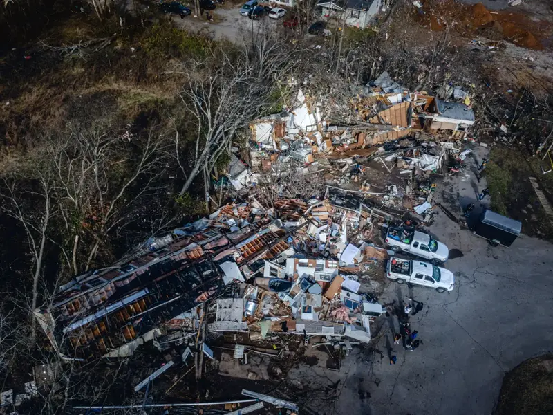 A mobile home park where three people perished is seen in the aftermath of a tornado on December 10, 2023 in Madison, Tennessee. Multiple long-track tornadoes were reported in northwest Tennessee in December, causing multiple deaths and injuries and widespread damage. [Jon Cherry/Getty Images/AFP]
