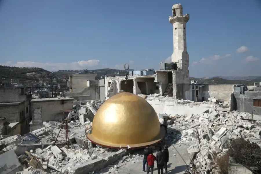 The Maland Mosque dome in Idlib fell to the ground when the February 6 earthquake destroyed the structure beneath it [Ali Haj Suleiman]